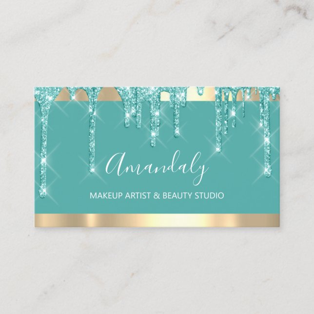 Makeup Artist Glitter Drips Teal Aqua Nails Business Card (Front)
