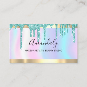 Makeup Artist Glitter Drips Teal Holographic Nails Business Card