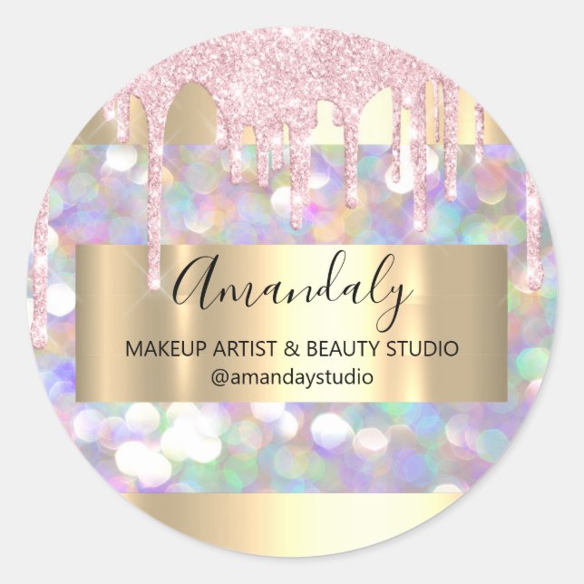 Makeup Artist Glitter Gold Framed Pink Classic Round Sticker (Front)