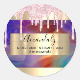 Makeup Artist Glitter Gold Framed Pink Holograph Classic Round Sticker