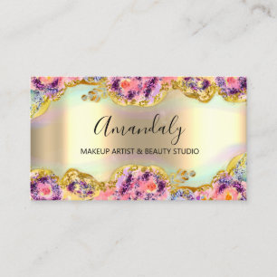 Makeup Artist Glitter Gold Wreath Floral Business Card