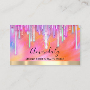 Makeup Artist Glitter Pink Drips Holograph Painted Business Card