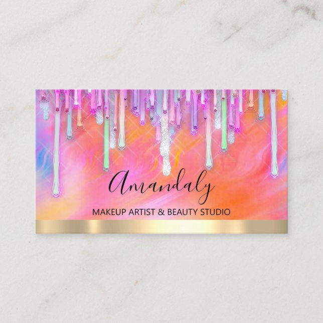 Makeup Artist Glitter Pink Drips Holograph Painted Business Card (Front)