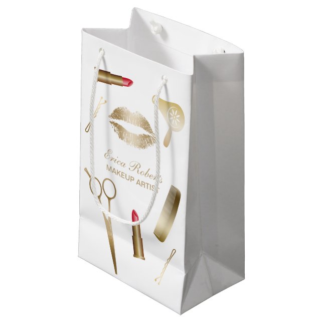 Makeup Artist Gold Beauty Salon Cosmetics Small Gift Bag (Front Angled)