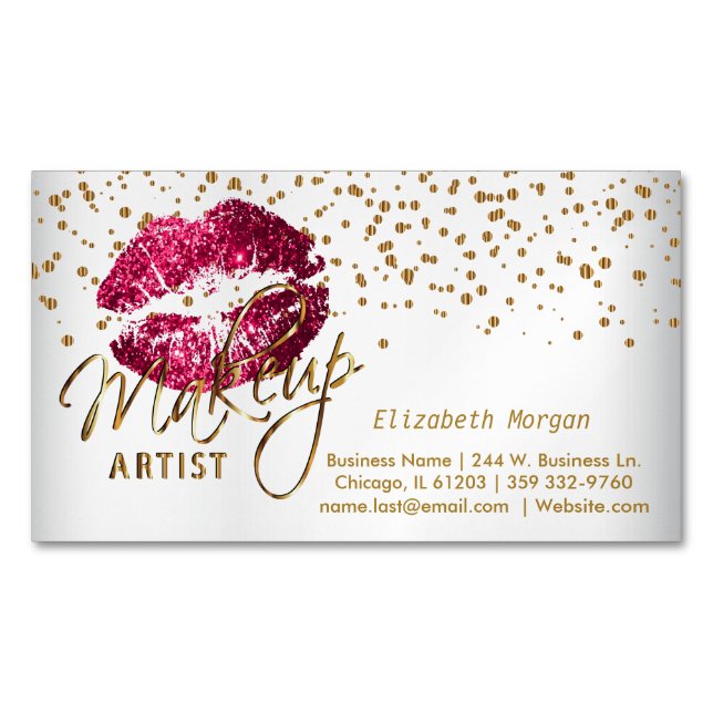 Makeup Artist - Gold Confetti and  Hot Pink Lips Magnetic Business Card (Front)