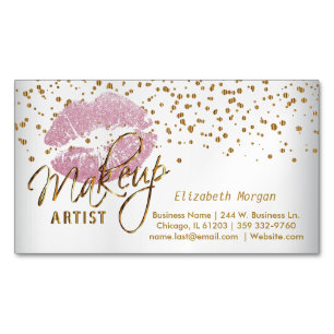 Makeup Artist - Gold Confetti and  Pink Lips Magnetic Business Card