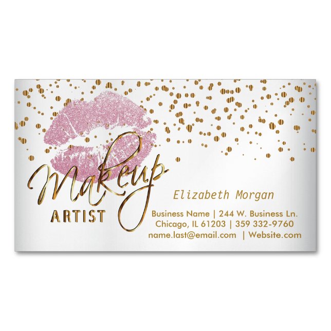 Makeup Artist - Gold Confetti and  Pink Lips Magnetic Business Card (Front)