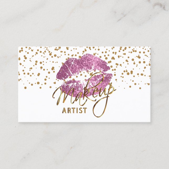 Makeup Artist Gold Confetti Dots & So Pink Lips Business Card (Front)