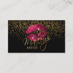 Makeup Artist - Gold Confetti & Hot Pink 💋 Lips Business Card