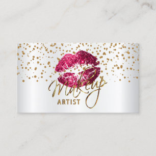 Makeup Artist Gold Confetti & Hot Pink Lips Satin Business Card