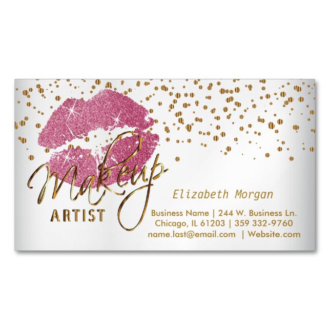 Makeup Artist - Gold Confetti & Pretty Pink Lips Magnetic Business Card (Front)