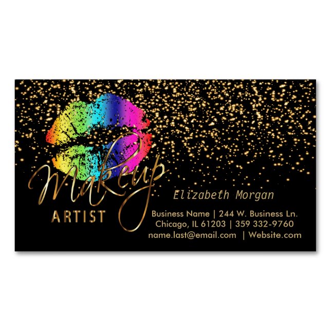 Makeup Artist - Gold Confetti & Rainbow Lips Magnetic Business Card (Front)