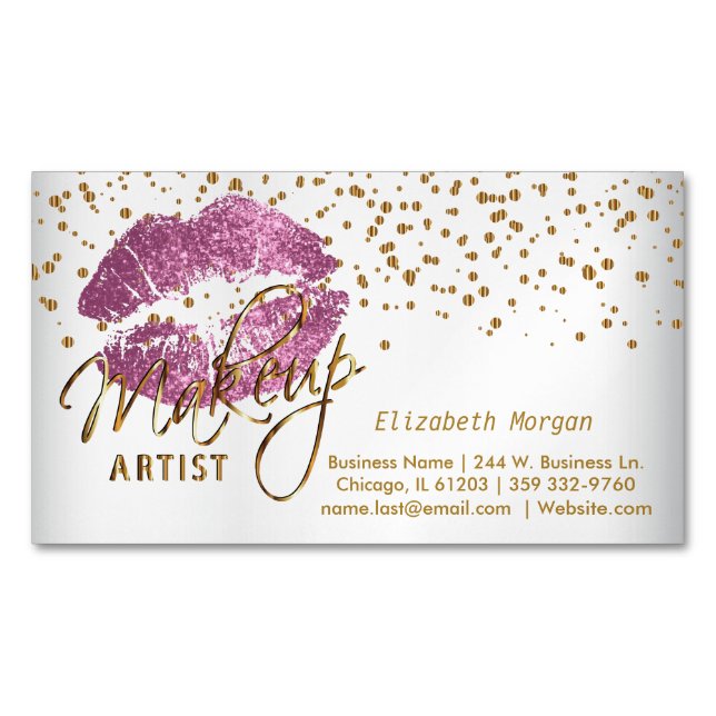 Makeup Artist - Gold Confetti & So Pink Lips Magnetic Business Card (Front)