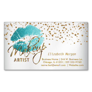Makeup Artist - Gold Confetti & Teal Lips - Satin Magnetic Business Card