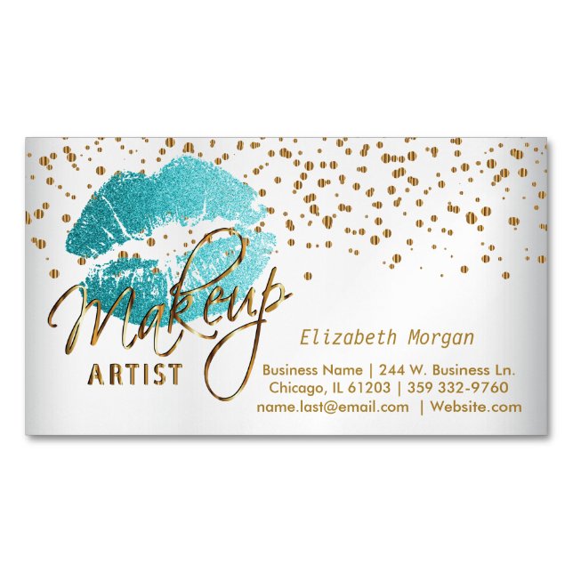 Makeup Artist - Gold Confetti & Teal Lips - Satin Magnetic Business Card (Front)