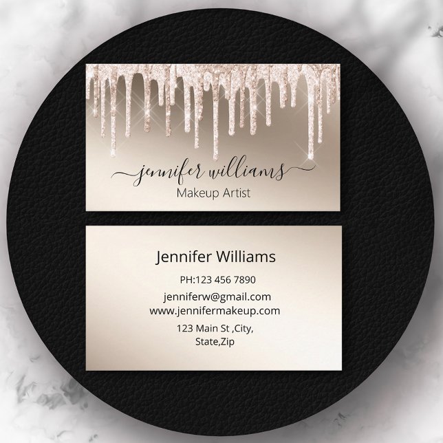 makeup artist, gold dripping glitters modern chic business card (Creator Uploaded)