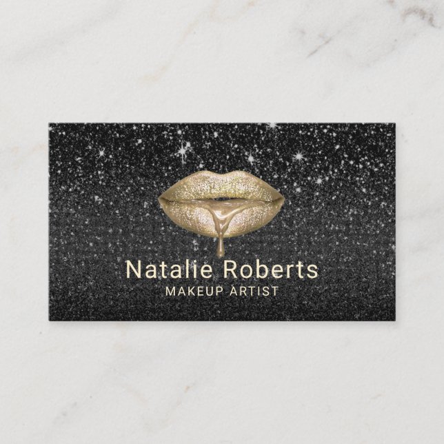 Makeup Artist Gold Drips Lips Modern Black Glitter Business Card (Front)