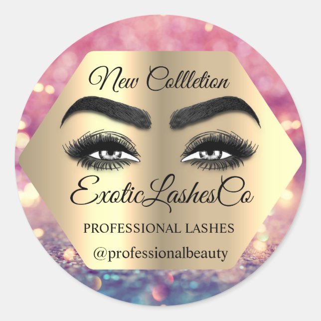 Makeup Artist Gold Eyelash Logo Glitter Packaging  Classic Round Sticker (Front)