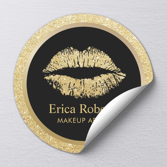 Makeup Artist Gold Glitter Lips Beauty Salon Classic Round Sticker (Creator Uploaded)