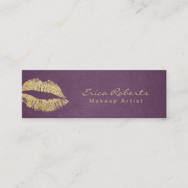 Makeup Artist Gold Glitter Lips Modern Purple Mini Business Card (Front)