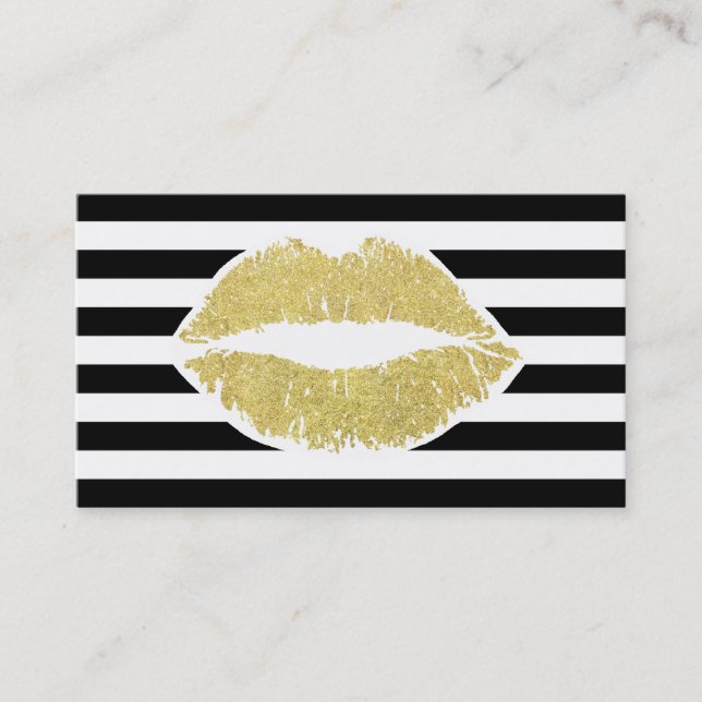 Makeup Artist | Gold Glitter Lips Modern Stripes Business Card (Front)