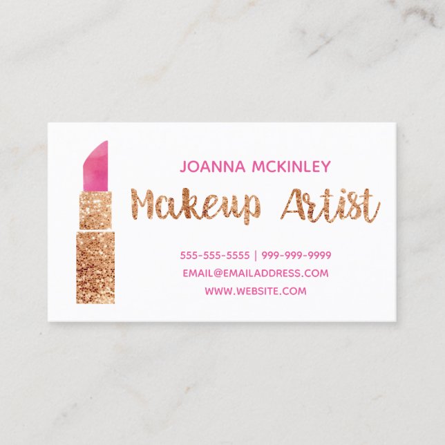 Makeup Artist Gold Glitter Watercolor Lipstick Business Card (Front)