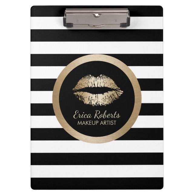 Makeup Artist Gold Kiss Modern Stripes Clipboard (Front)