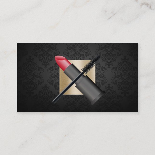 Makeup Artist Gold Label Elegant Black Damask Business Card (Front)