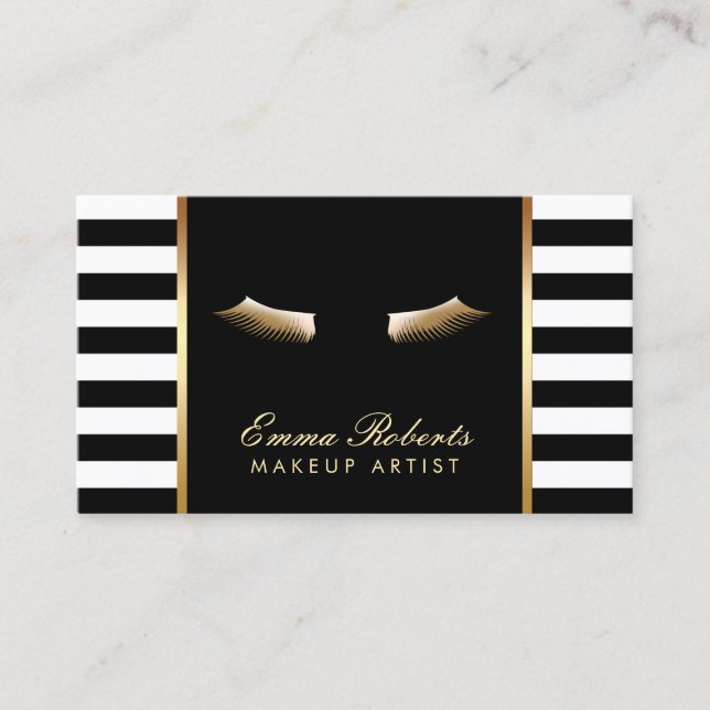 Makeup Artist Gold Lashes Modern Stripes Business Card (Front)