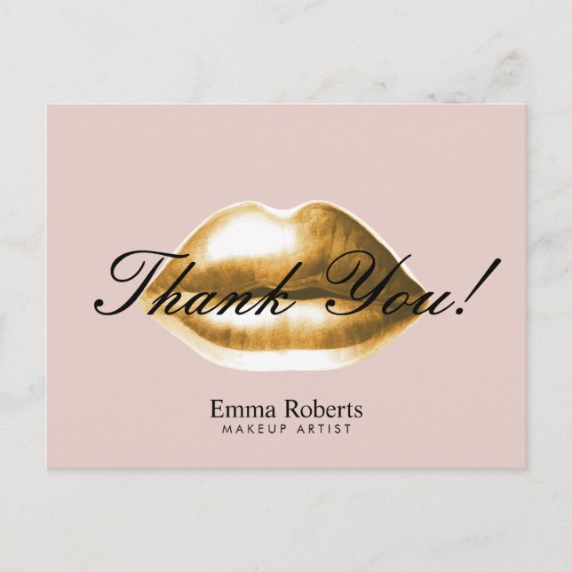 Makeup Artist Gold Lips Blush Pink Salon Thank You Postcard (Front)
