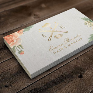Makeup Artist Gold Lips & Dryer Vintage Floral Business Card