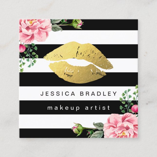 Makeup Artist Gold Lips Floral Black White Stripes Square Business Card (Front)