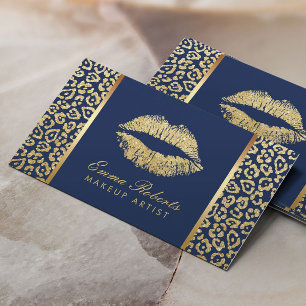 Makeup Artist Gold Lips Luxury Leopard Navy Blue Business Card