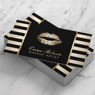 Makeup Artist Gold Lips Modern Black Gold Stripes Business Card