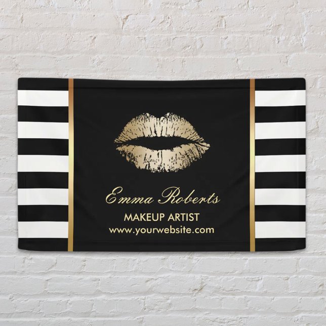 Makeup Artist Gold Lips Modern Black White Stripes Banner (Creator Uploaded)