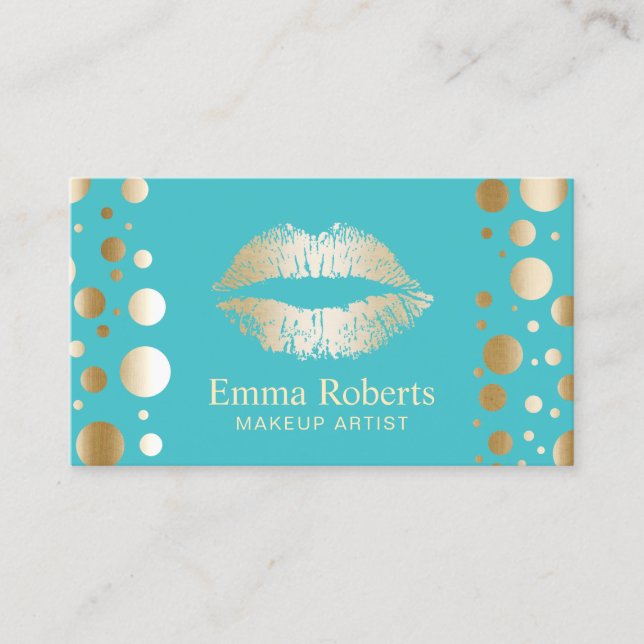 Makeup Artist Gold Lips Modern Dots Turquoise Business Card (Front)