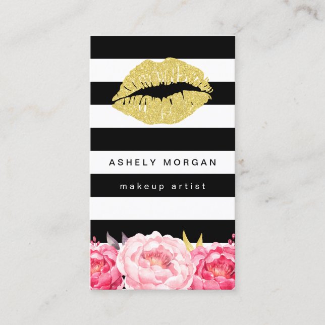 Makeup Artist Gold Lips Modern Floral Deco Stripes Business Card (Front)