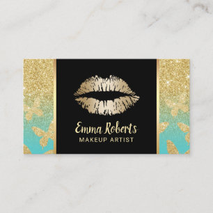 Makeup Artist Gold Lips Modern Glitter Butterflies Business Card