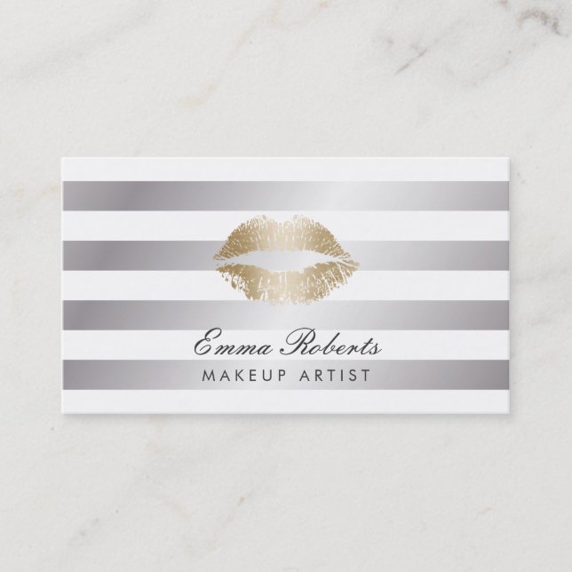 Makeup Artist Gold Lips Modern Silver Stripes Business Card (Front)