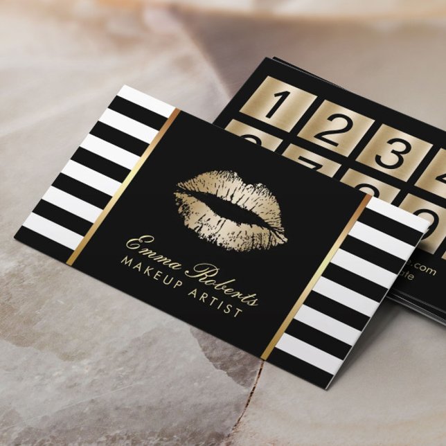 Makeup Artist Gold Lips Modern Stripes Loyalty Card (Creator Uploaded)