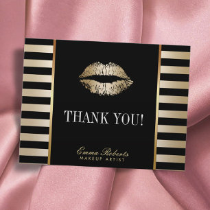 Makeup Artist Gold Lips Modern Stripes Thank You Postcard