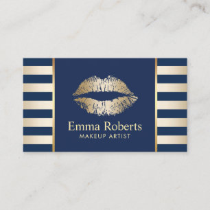 Makeup Artist Gold Lips Navy Blue & Golden Stripes Business Card