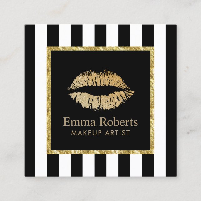 Makeup Artist Gold Lips Salon Modern Stripes Square Business Card (Front)