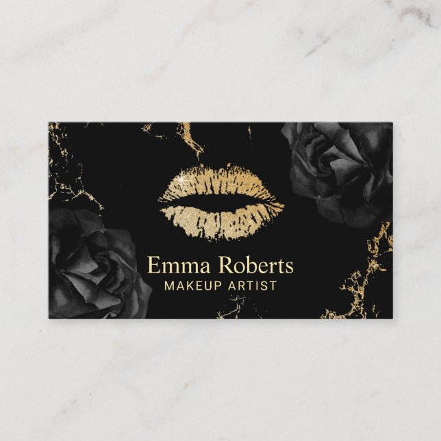 Makeup Artist Gold Lips Salon Trendy Black Floral Business Card (Front)