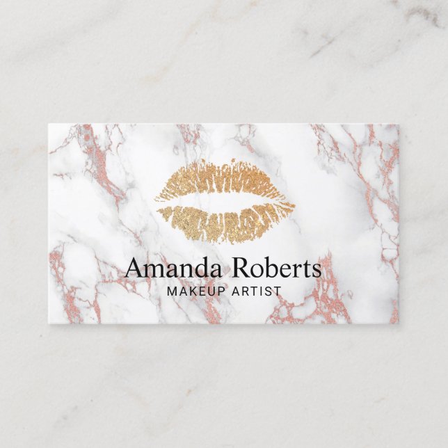 Makeup Artist Gold Lips Trendy White Marble Business Card (Front)