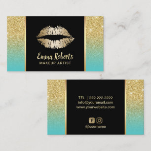 Makeup Artist Gold Lips Turquoise Gold Glitter Business Card