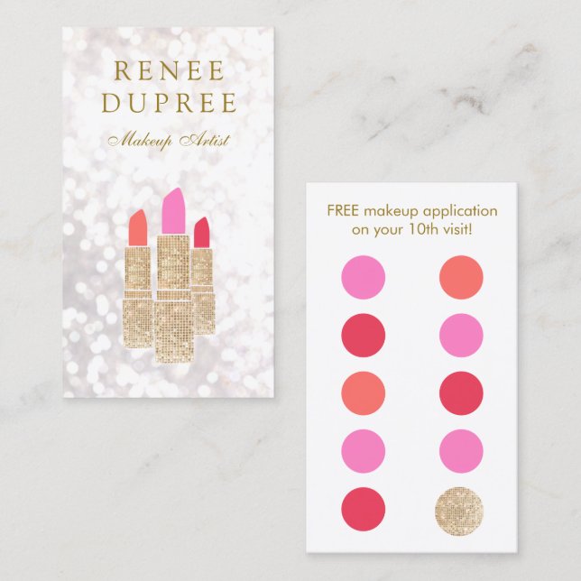 Makeup Artist Gold Lipstick 10 Punch Loyalty Card (Front/Back)