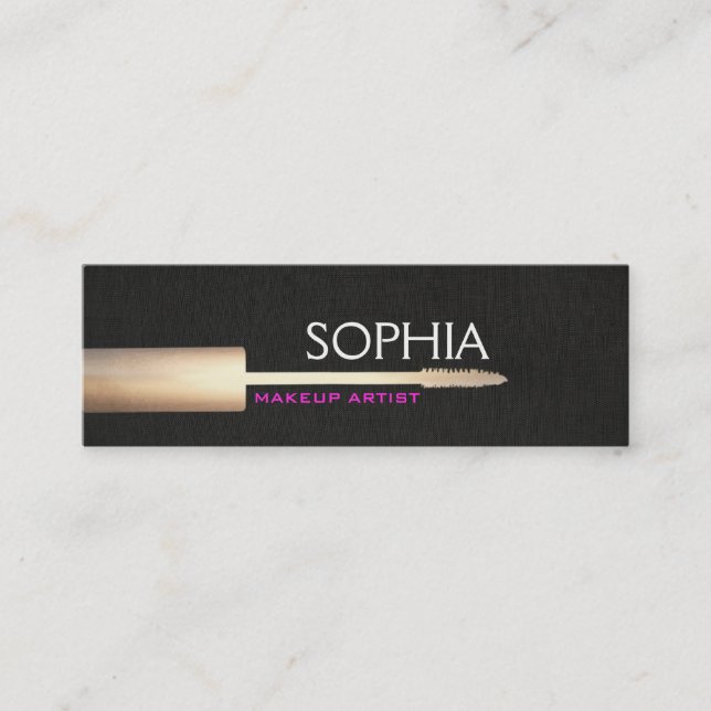 Makeup Artist Gold Mascara On Faux Black Linen 3 Mini Business Card (Front)