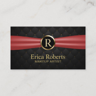 Makeup Artist Gold Monogram Red Ribbon Luxury Business Card