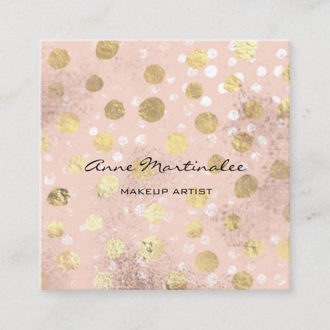 Makeup Artist Gold Polka Dots Brushed Metal Glam Square Business Card (Front)